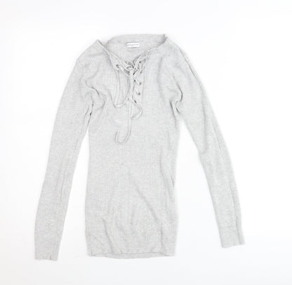 Jacqueline de Yong Womens Grey Long Sleeve Lace Up Tunic Top S