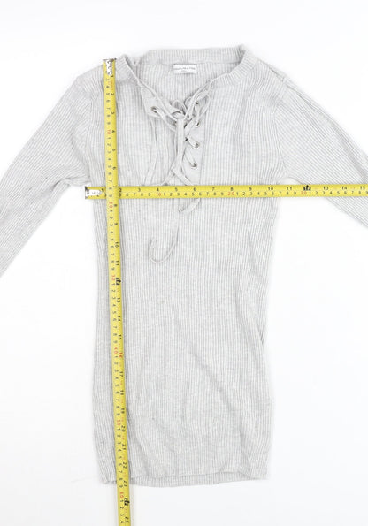 Jacqueline de Yong Womens Grey Long Sleeve Lace Up Tunic Top S