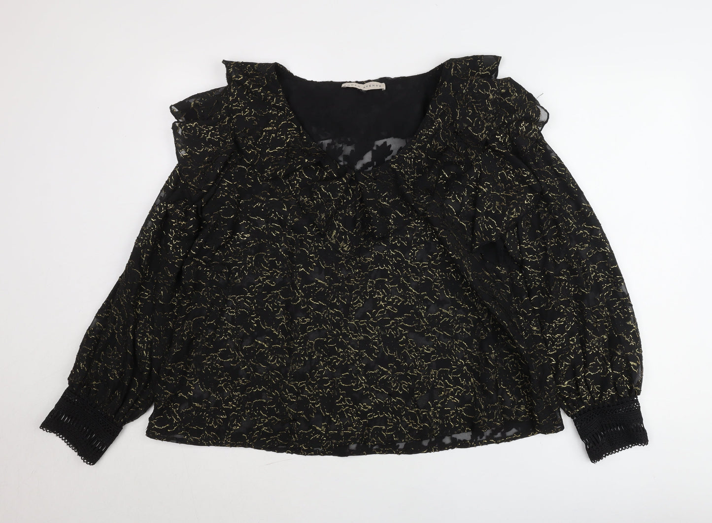Rowen Avenue Womens Black Gold Ruffle Sheer Blouse Size M