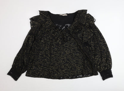 Rowen Avenue Womens Black Gold Ruffle Sheer Blouse Size M