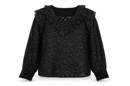 Rowen Avenue Womens Black Gold Ruffle Sheer Blouse Size M