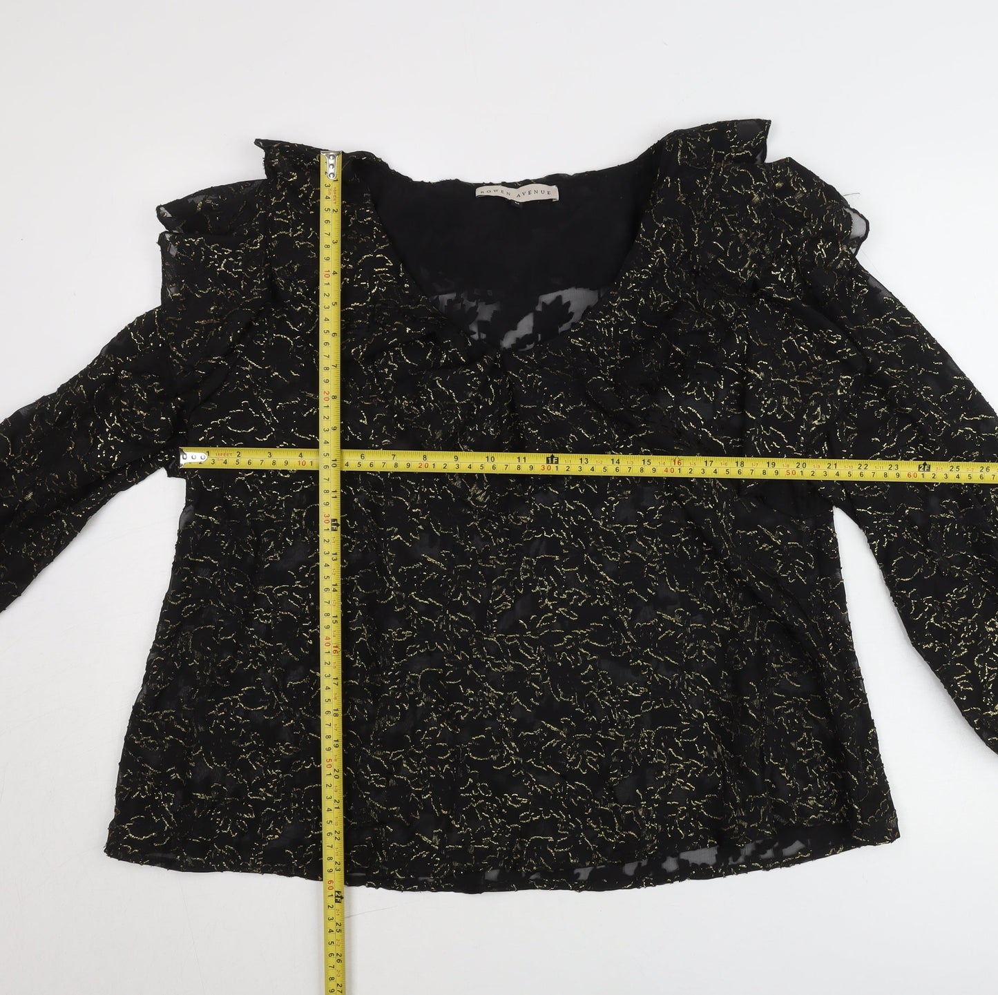 Rowen Avenue Womens Black Gold Ruffle Sheer Blouse Size M