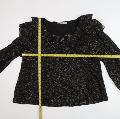 Rowen Avenue Womens Black Gold Ruffle Sheer Blouse Size M