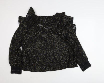 Rowen Avenue Womens Black Gold Ruffle Sheer Blouse Size M