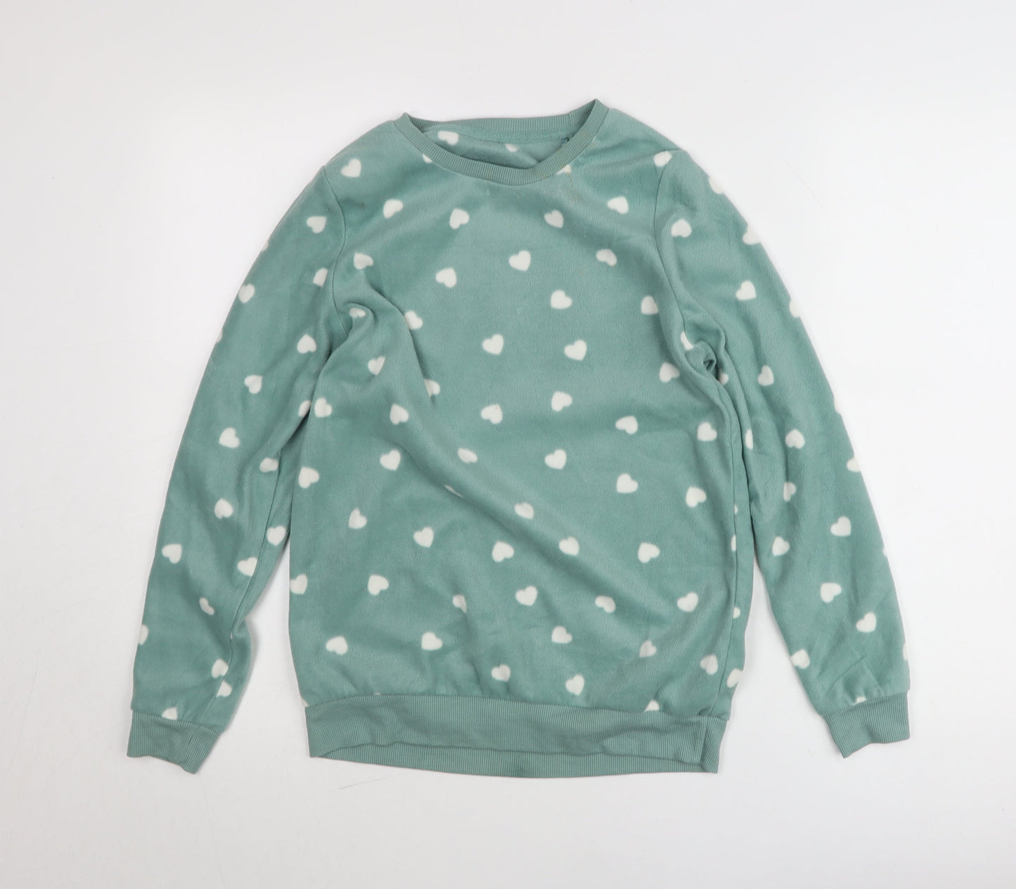 Dunnes Stores Womens Green XS Fleece Heart Print Pullover Jumper
