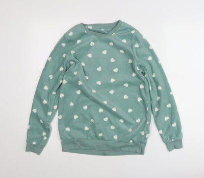 Dunnes Stores Womens Green XS Fleece Heart Print Pullover Jumper