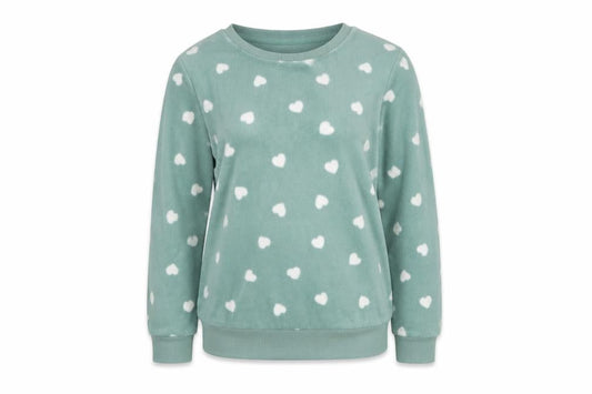 Dunnes Stores Womens Green XS Fleece Heart Print Pullover Jumper