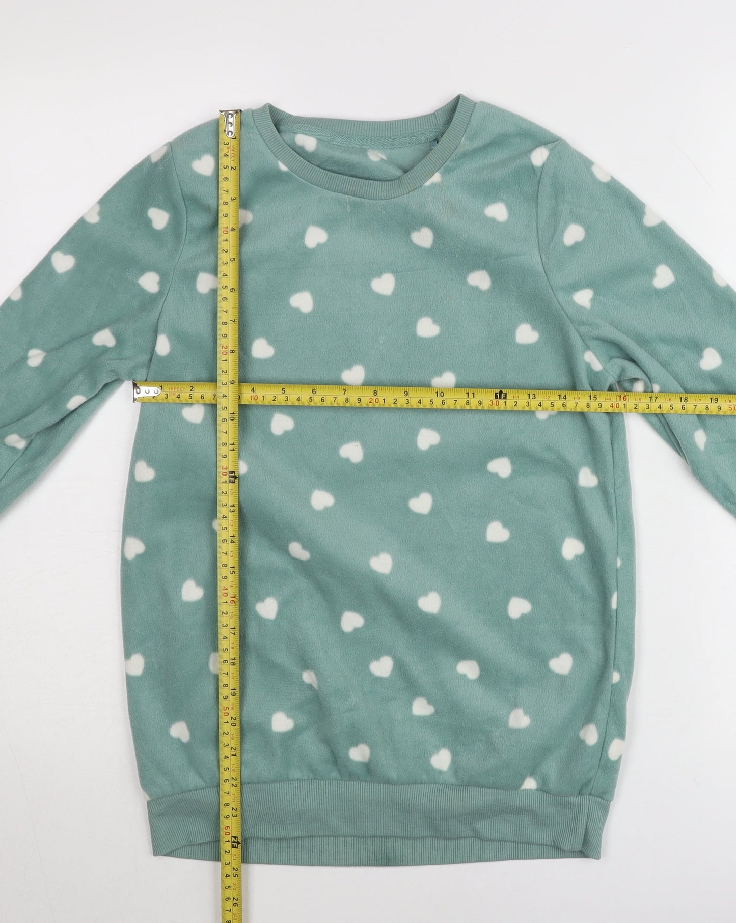 Dunnes Stores Womens Green XS Fleece Heart Print Pullover Jumper