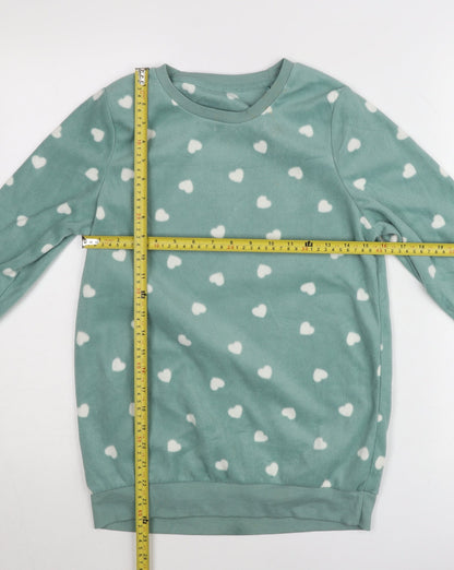 Dunnes Stores Womens Green XS Fleece Heart Print Pullover Jumper