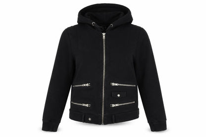 The Kooples Women Black Cotton Biker Jacket Hoodie Size M