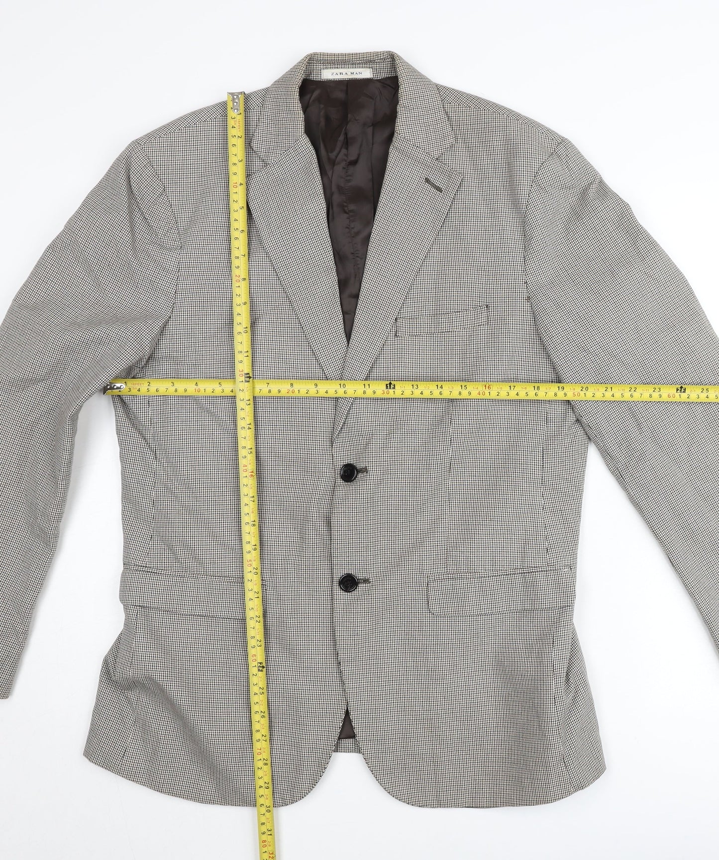 Zara Man Men’s Grey Check Blazer Jacket Size 42 Regular Notch Lapel