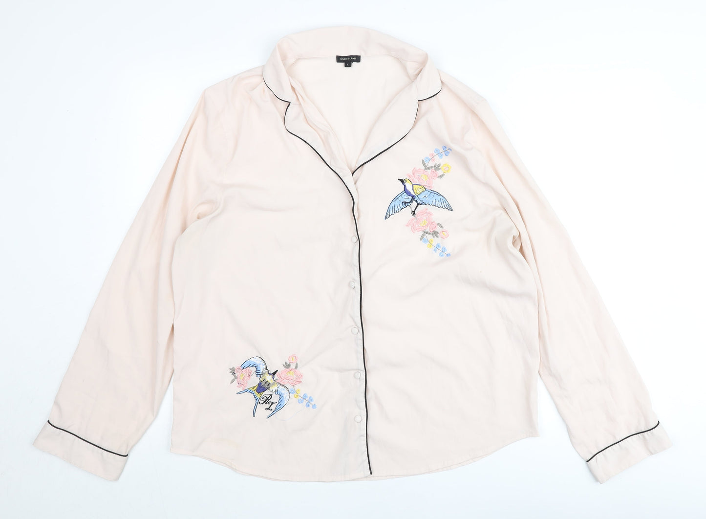 River Island Women Pink Button-Up Embroidered Shirt Blouse L