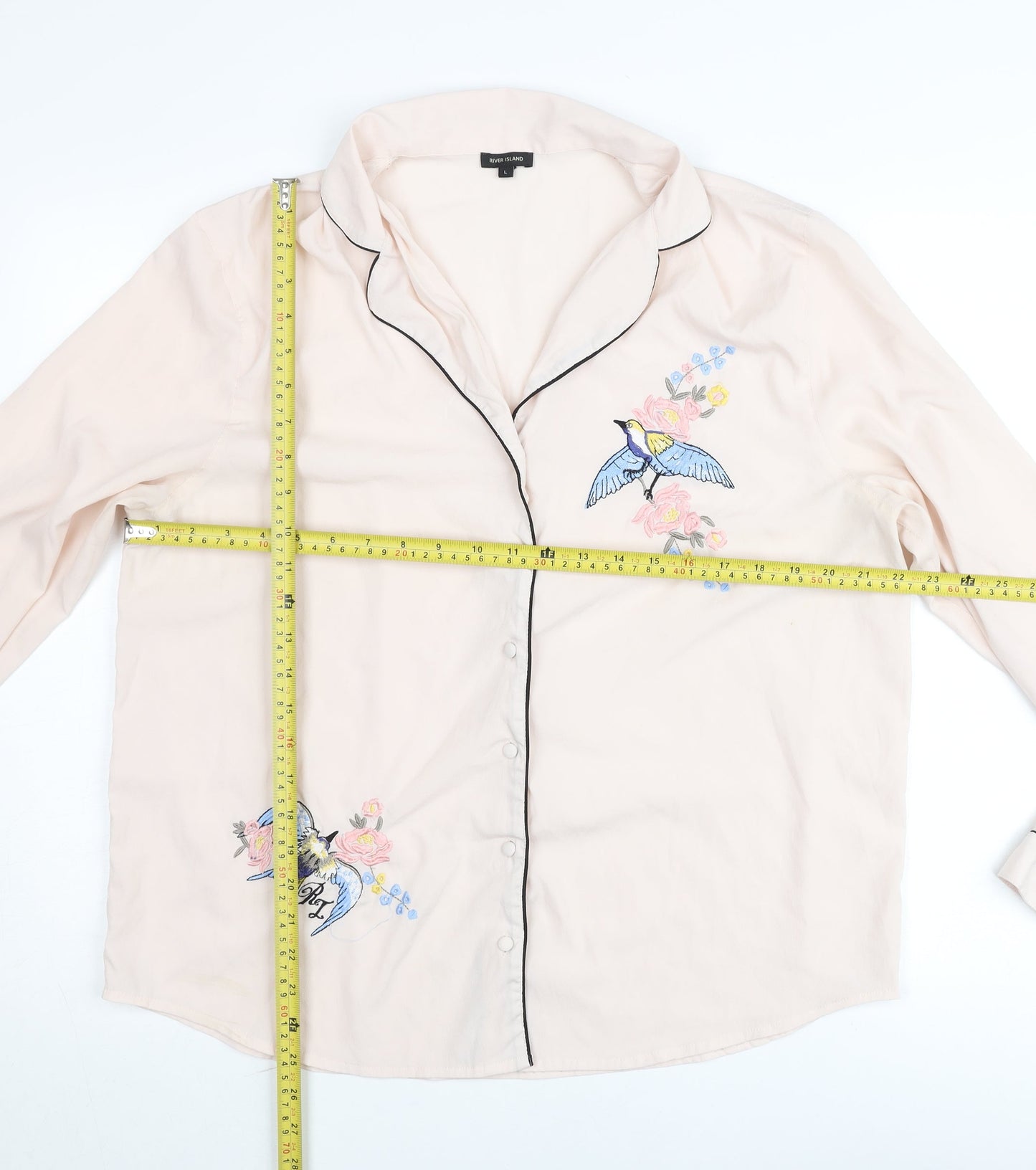 River Island Women Pink Button-Up Embroidered Shirt Blouse L