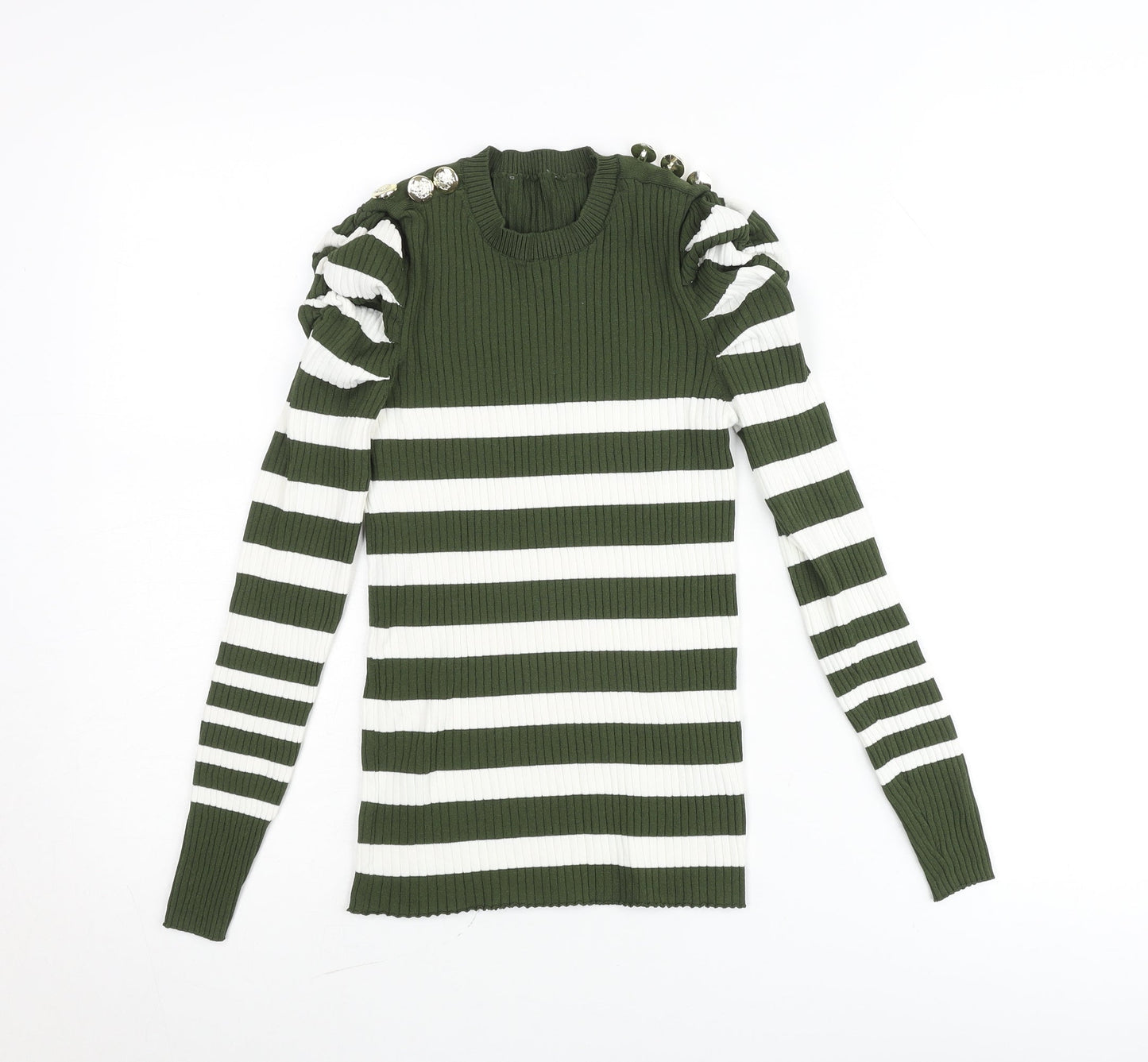 Savida Women’s Green White Striped Puff Sleeve Knit Top Size 10
