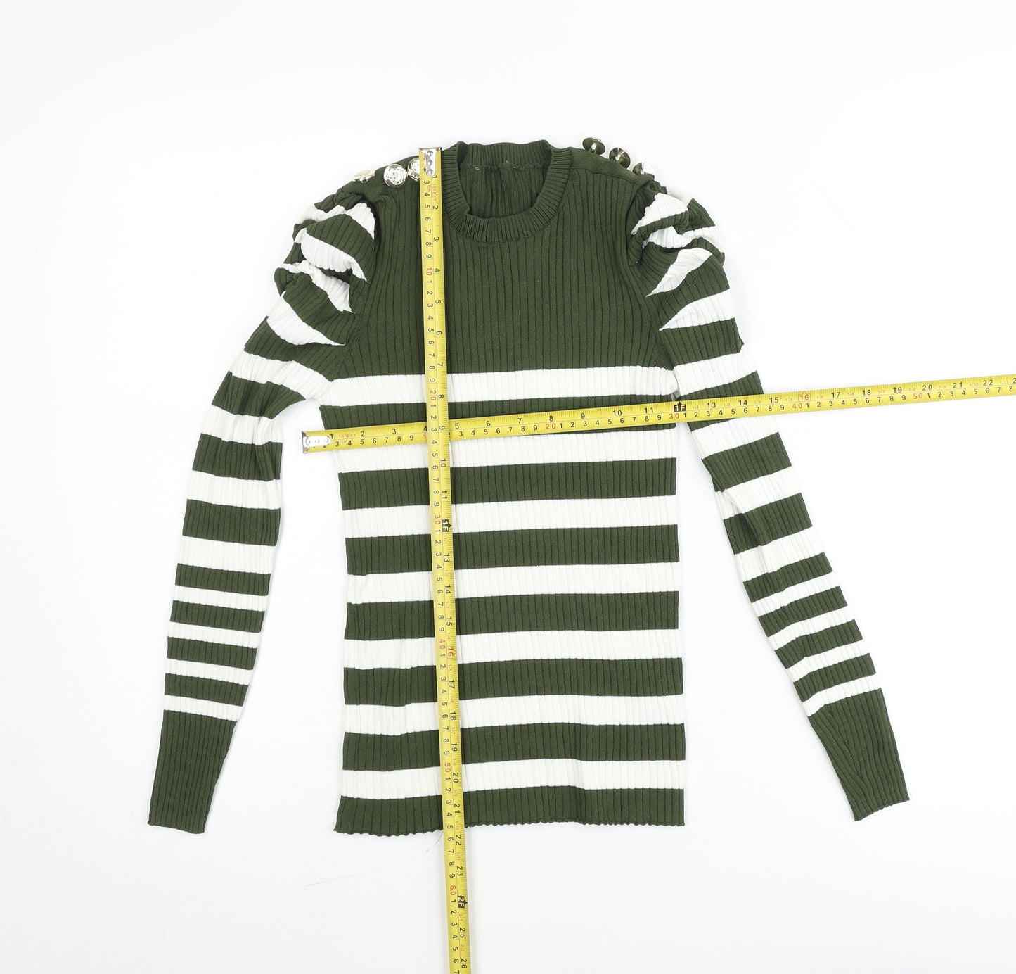 Savida Women’s Green White Striped Puff Sleeve Knit Top Size 10