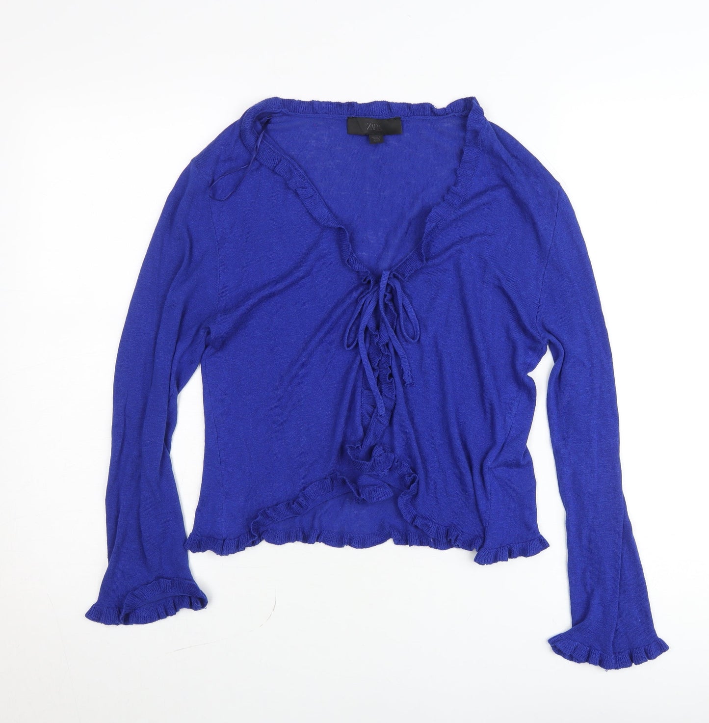 Zara Women’s Blue Ruffle Tie Cardigan M V-Neck Knit Top