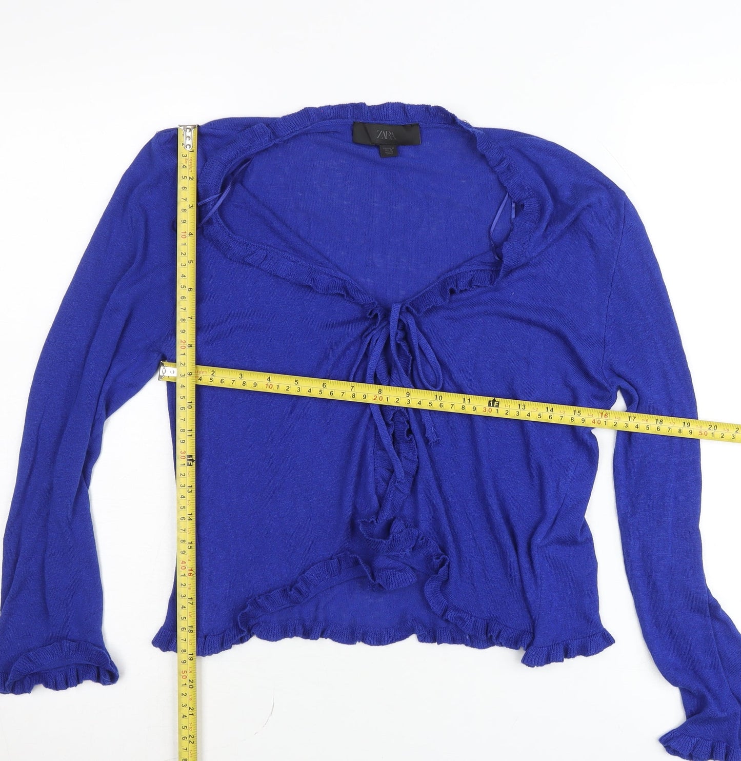 Zara Women’s Blue Ruffle Tie Cardigan M V-Neck Knit Top