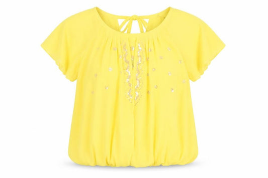 Et Vous Womens Yellow Blouse Size 8 Short Sleeve Sequin Tunic