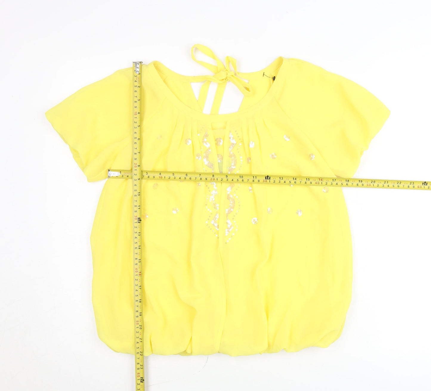Et Vous Womens Yellow Blouse Size 8 Short Sleeve Sequin Tunic