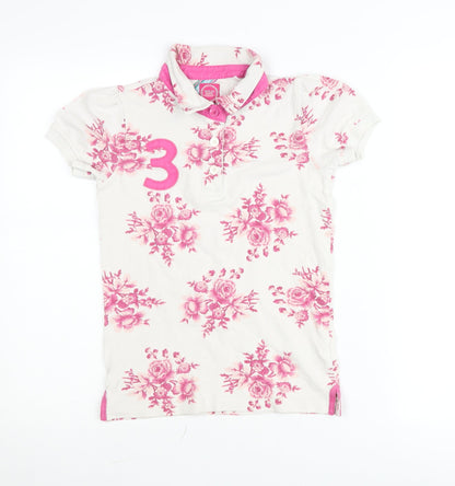 Joules Girls White Pink Floral Polo Shirt Age 3 Years Short Sleeve