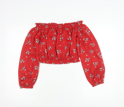 H&M Divided Women Red Floral Off Shoulder Cropped Blouse Size S