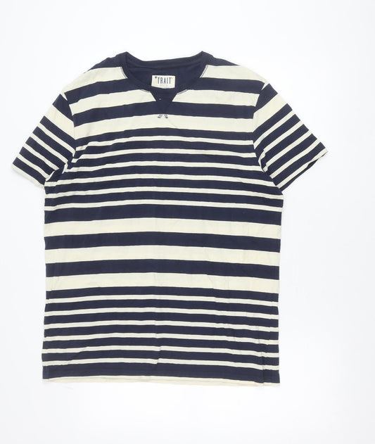 Additional front view of Trait Supply Co unisex navy white striped cotton t-shirt large