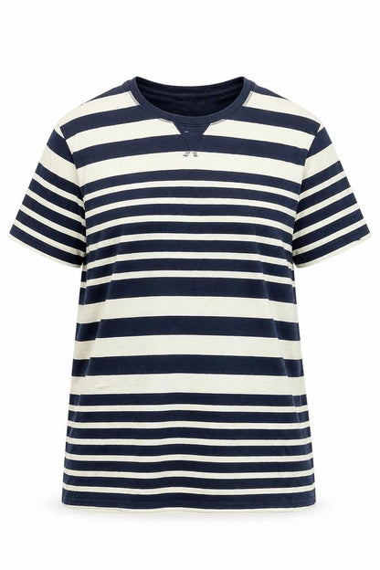 Front view of Trait Supply Co unisex navy white striped cotton t-shirt large