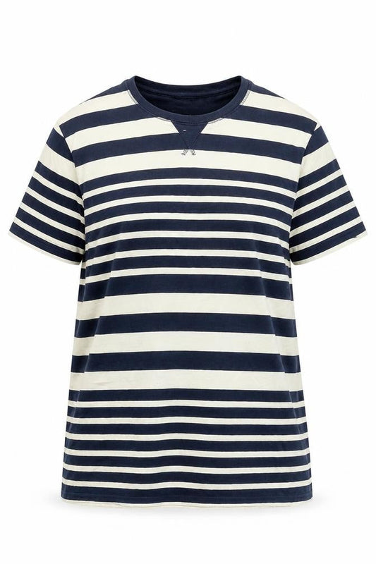 Front view of Trait Supply Co unisex navy white striped cotton t-shirt large