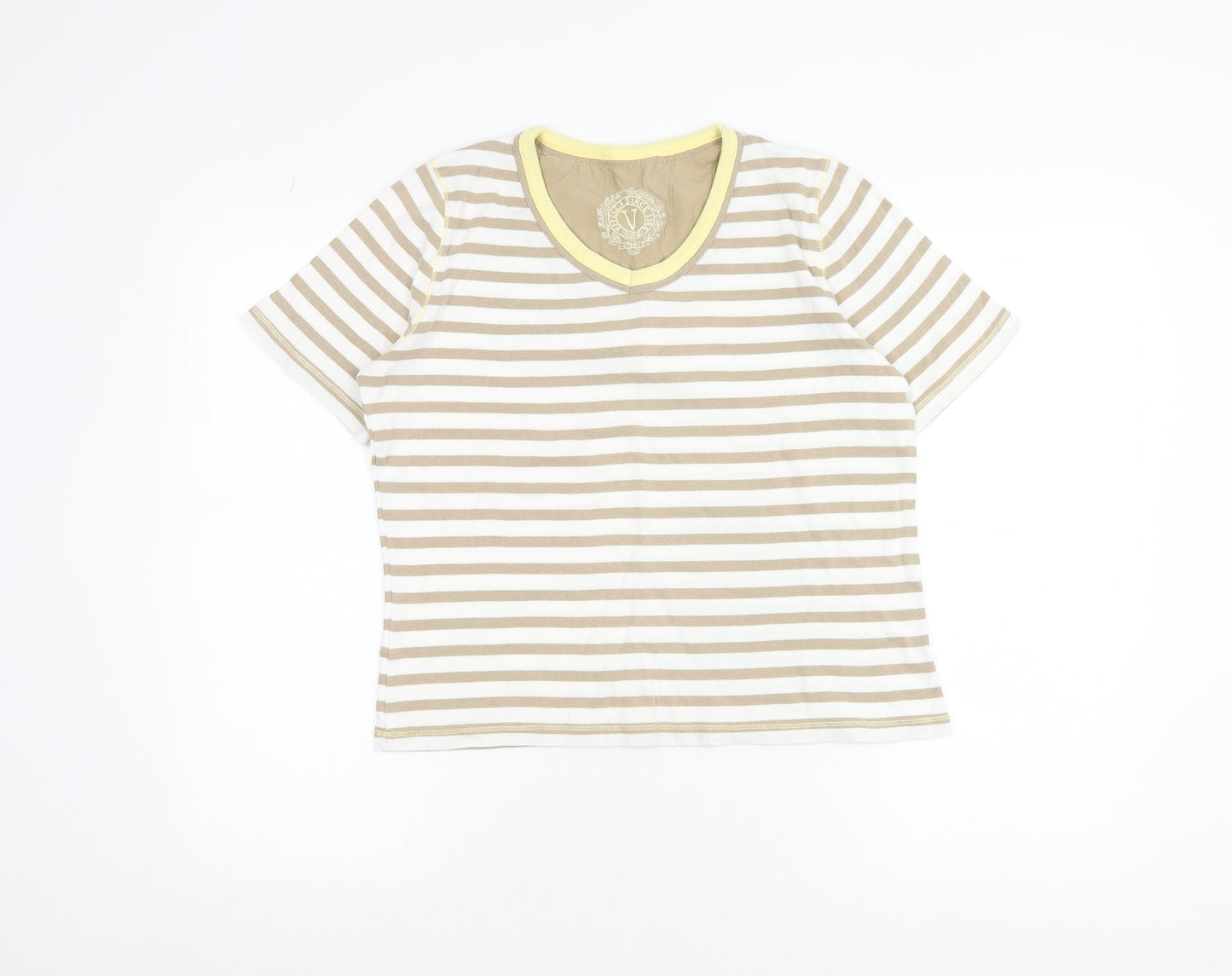 Viyella Women's Beige Striped Cotton T-Shirt M Short Sleeve V-Neck