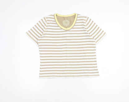 Viyella Women's Beige Striped Cotton T-Shirt M Short Sleeve V-Neck