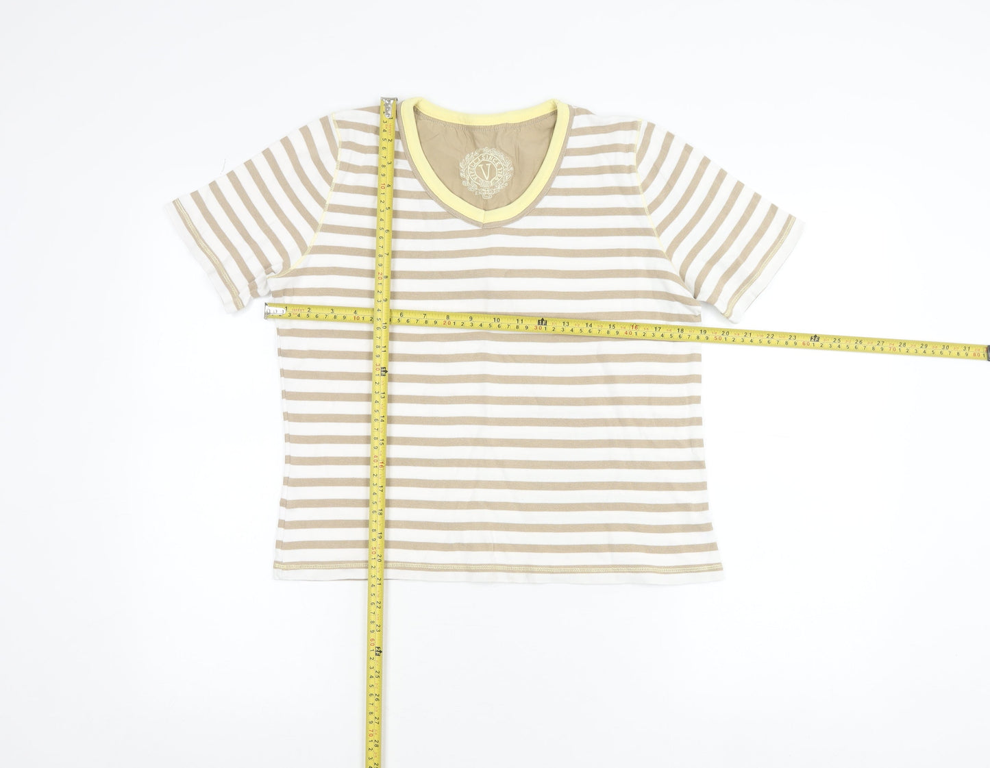 Viyella Women's Beige Striped Cotton T-Shirt M Short Sleeve V-Neck