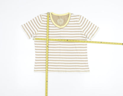 Viyella Women's Beige Striped Cotton T-Shirt M Short Sleeve V-Neck