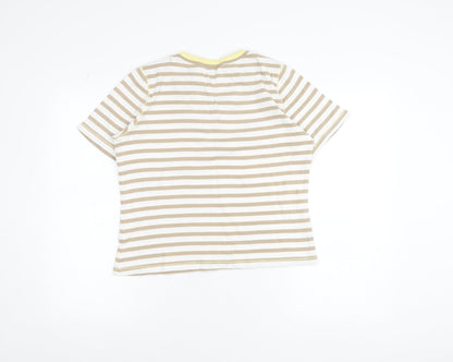Viyella Women's Beige Striped Cotton T-Shirt M Short Sleeve V-Neck