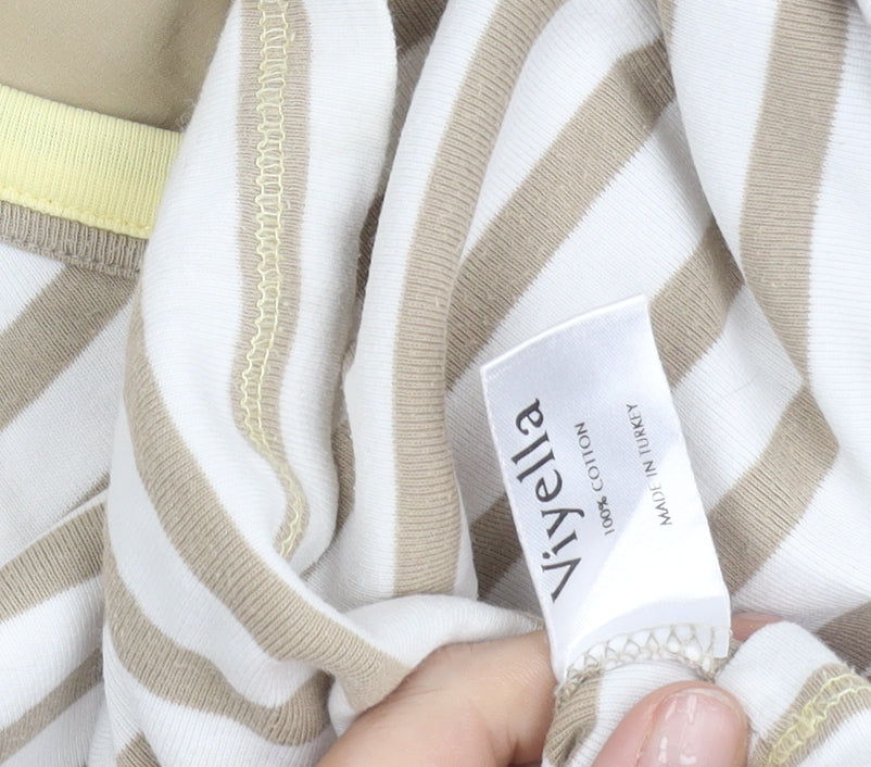 Viyella Women's Beige Striped Cotton T-Shirt M Short Sleeve V-Neck