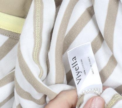 Viyella Women's Beige Striped Cotton T-Shirt M Short Sleeve V-Neck