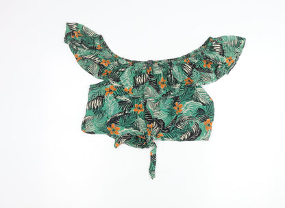 New Look Womens Green Tropical Floral Off Shoulder Cropped Blouse Size 16