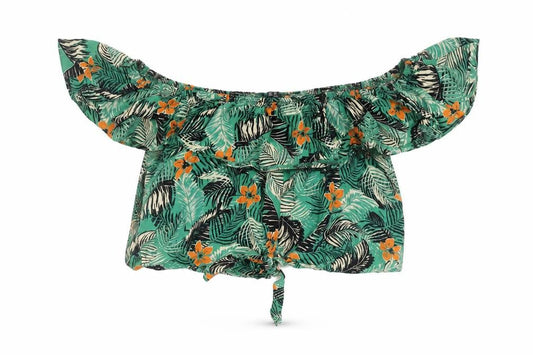 New Look Womens Green Tropical Floral Off Shoulder Cropped Blouse Size 16