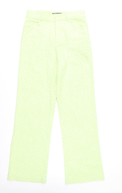 Zara Women Green Check Straight Leg Cotton Blend Trousers Size S