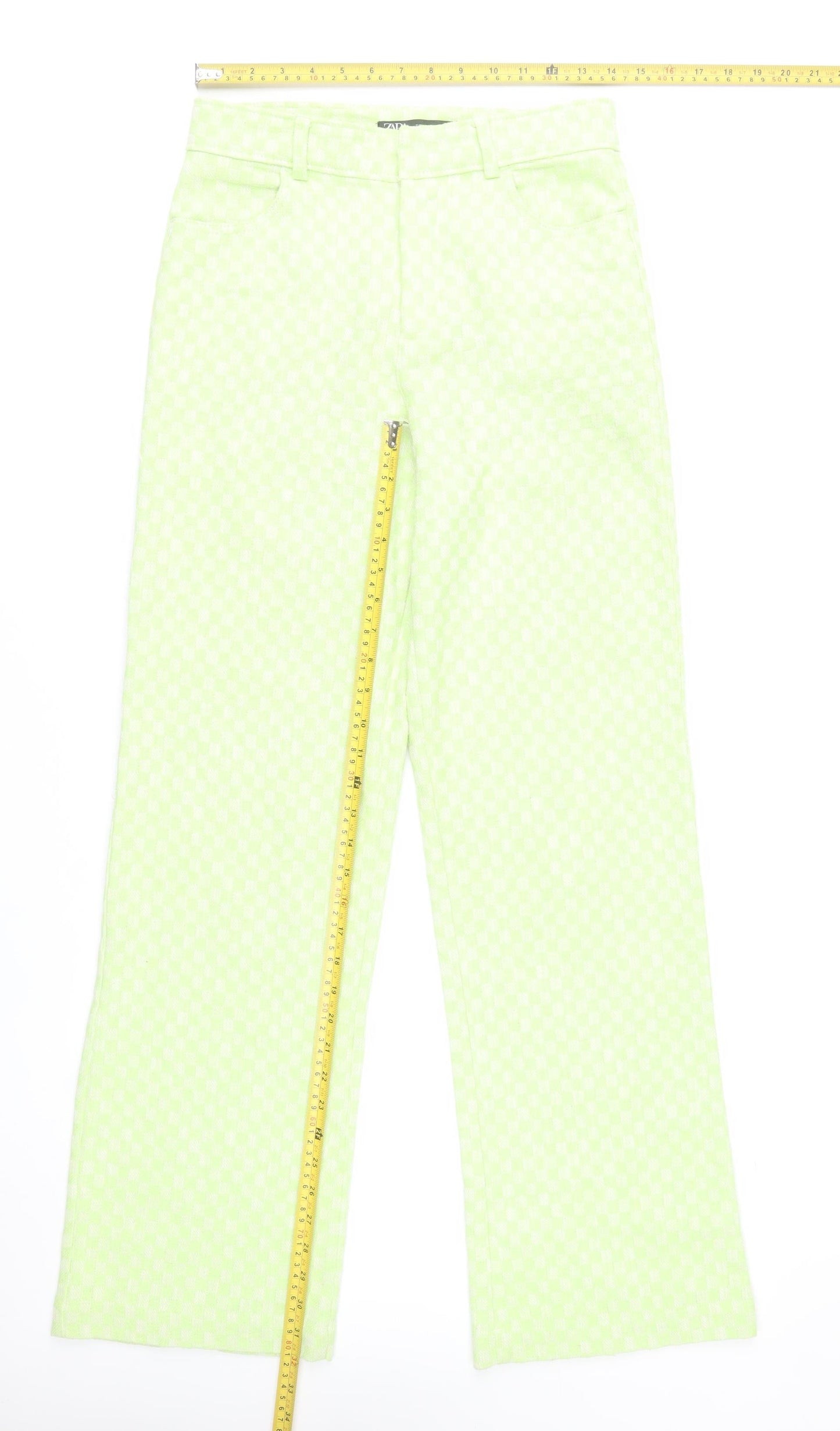 Zara Women Green Check Straight Leg Cotton Blend Trousers Size S
