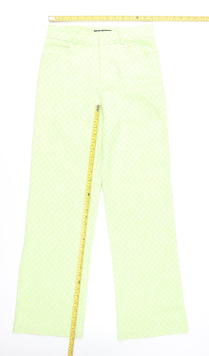 Zara Women Green Check Straight Leg Cotton Blend Trousers Size S