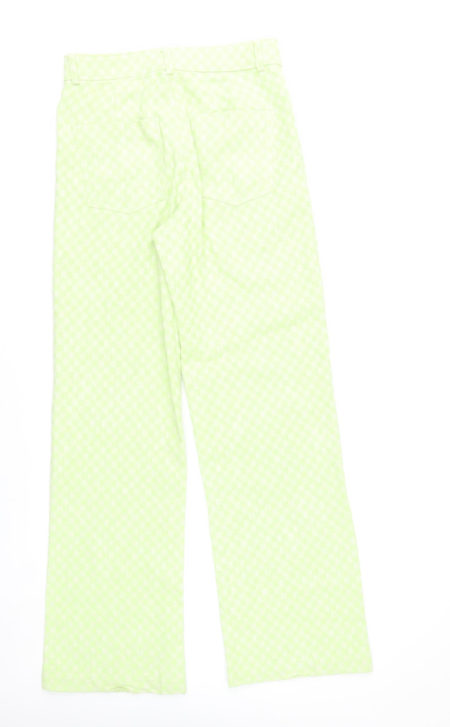 Zara Women Green Check Straight Leg Cotton Blend Trousers Size S