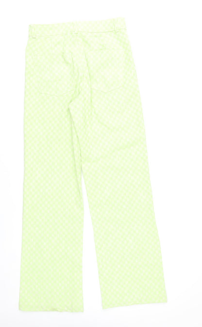 Zara Women Green Check Straight Leg Cotton Blend Trousers Size S