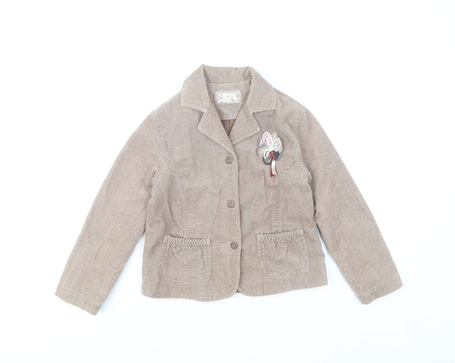 Mamas & Papas Girls Brown Herringbone Cotton Coat 6-7 Years Buttoned