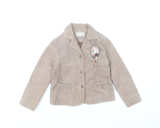 Mamas & Papas Girls Brown Herringbone Cotton Coat 6-7 Years Buttoned