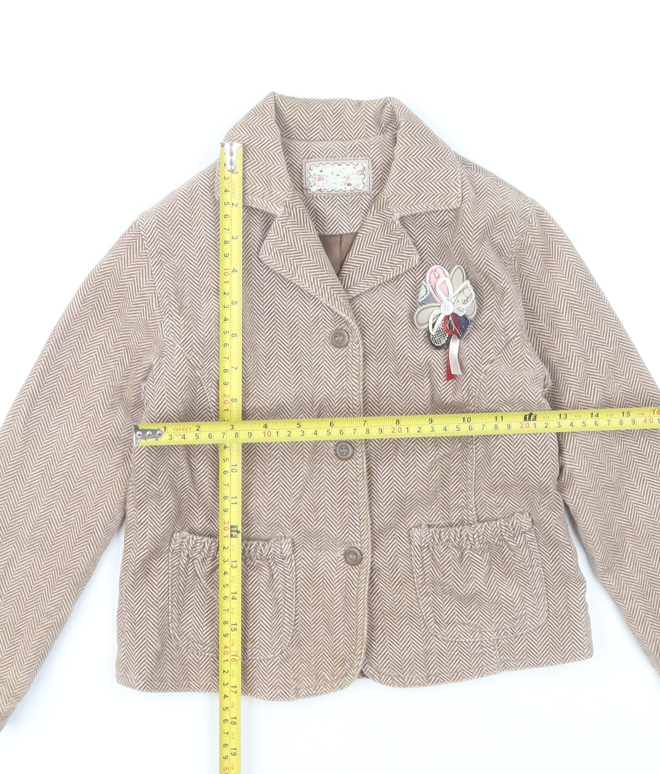Mamas & Papas Girls Brown Herringbone Cotton Coat 6-7 Years Buttoned