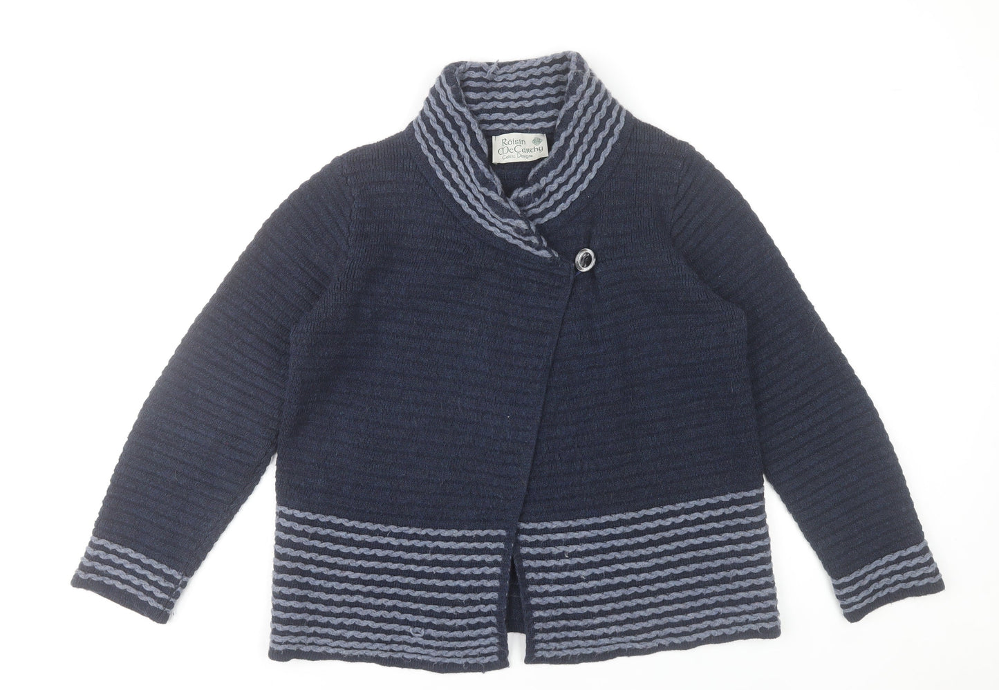 Roisin McCarthy Womens Blue Striped Cardigan M Wool Blend Knit