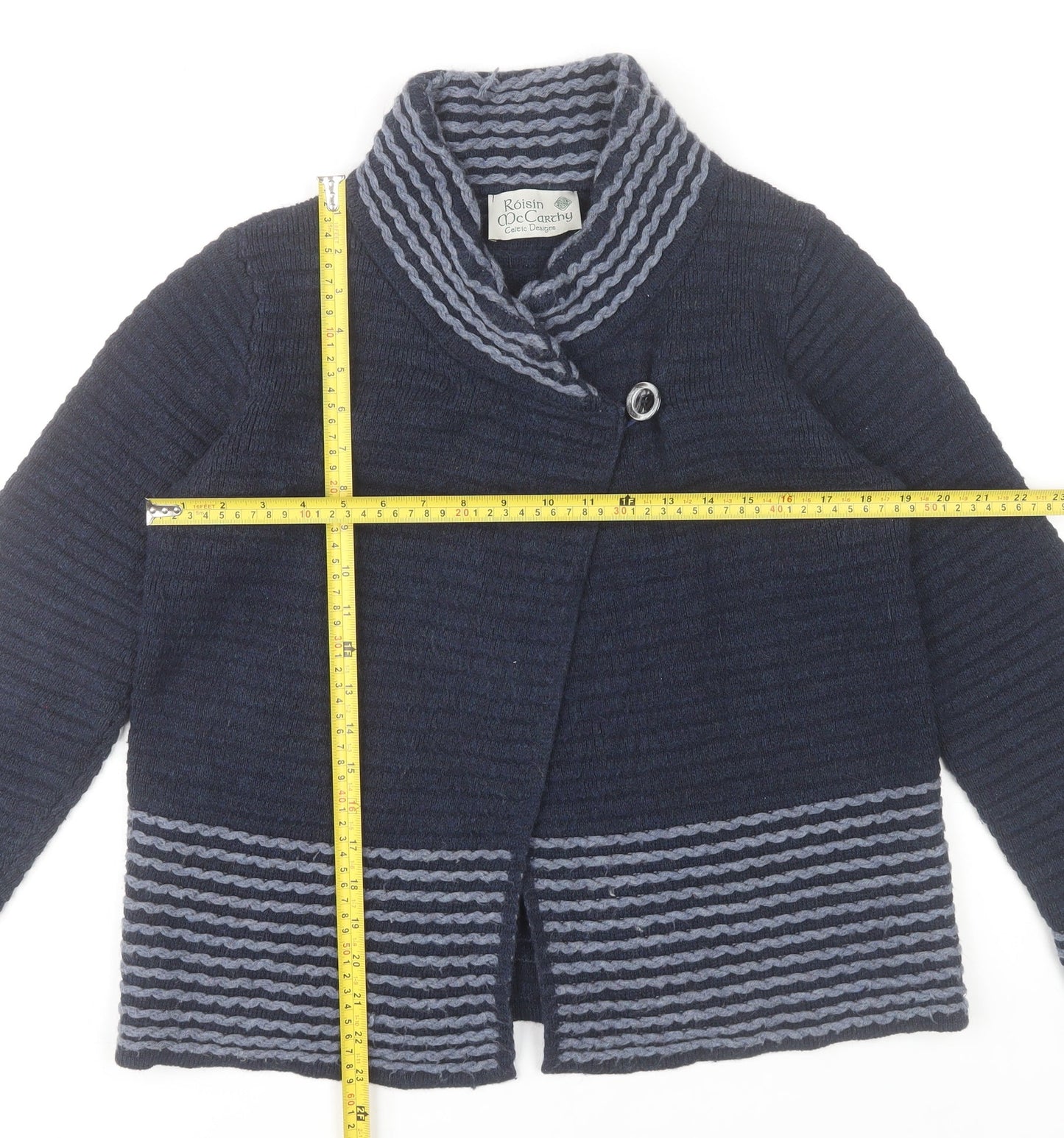 Roisin McCarthy Womens Blue Striped Cardigan M Wool Blend Knit