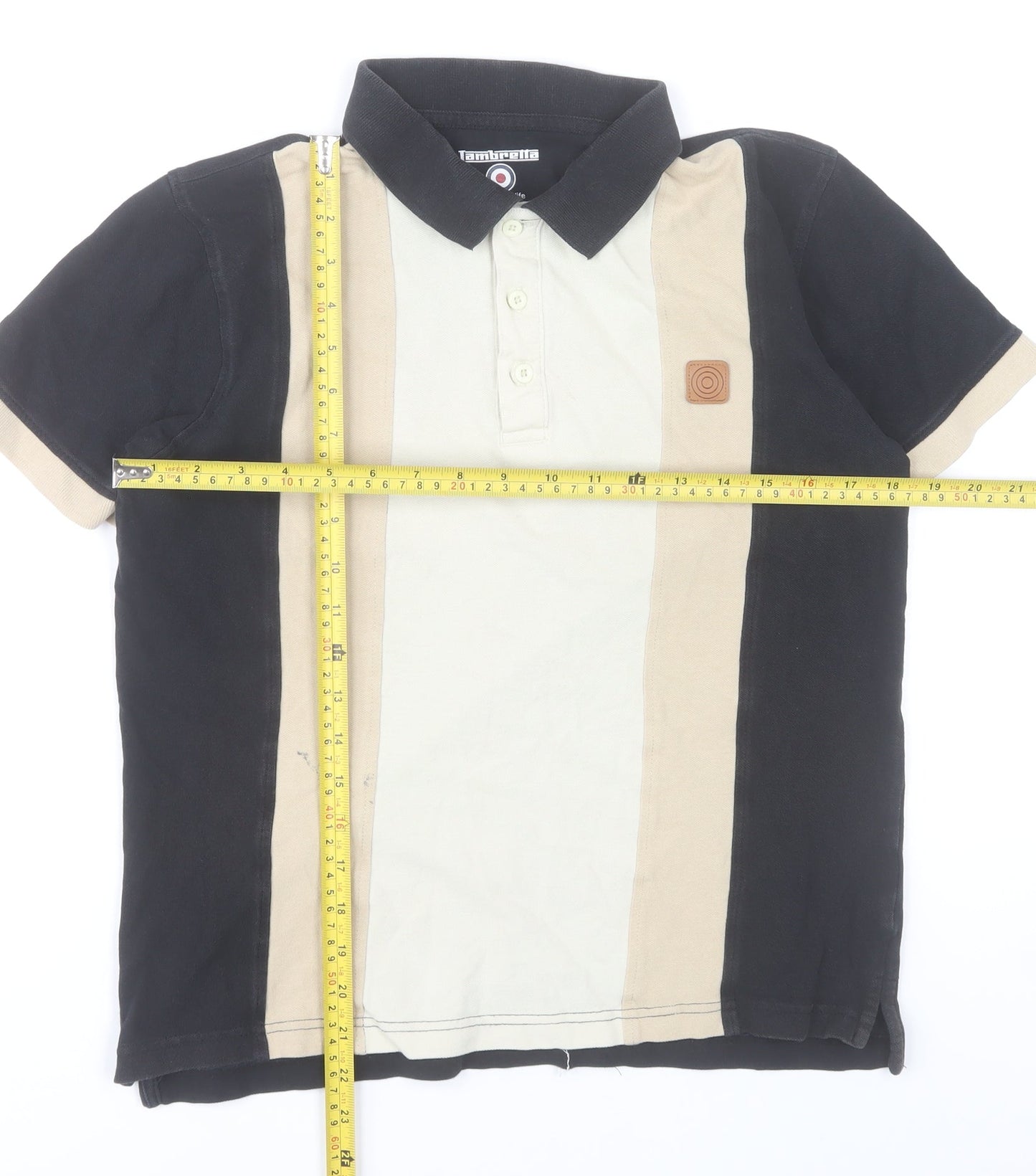 Lambretta Men’s Black Beige Vintage Panel Polo Shirt Size M Cotton