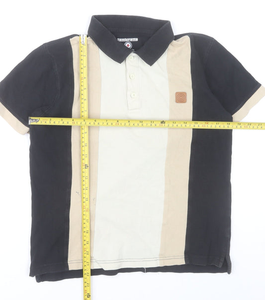 Lambretta Men’s Black Beige Vintage Panel Polo Shirt Size M Cotton