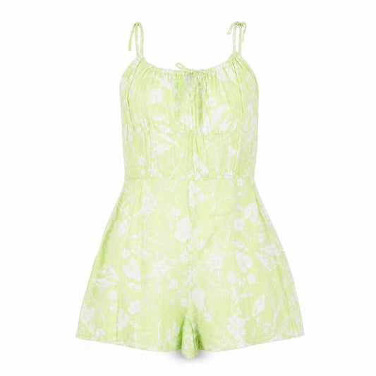Bershka Womens Green Floral Linen Blend Sleeveless Playsuit Size 10